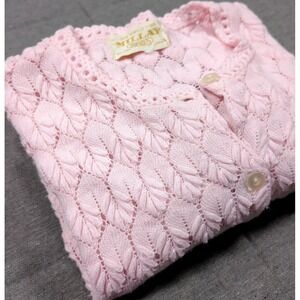 Vtg Millay Japanese Fan Leaf Cardigan Womens Sz M Demure Pink Cable Knit Sweater